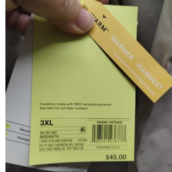 All in Motion Men's 3X Beige Wind & Water Resistant Insulated Varsity Jacket NWT - Picture 8 of 8